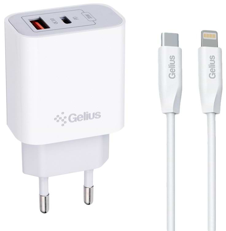 Сетевое зарядное устройство Gelius Merge GP-HC060 GAN USB+Type-C 35W (QC/PD/PPS) + кабель One GP-UCN013 Type-C to Lightning 1m (102933)